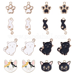 32個8スタイルアロイエナメルペンダント  カドミウムフリー＆鉛フリー  猫の形/足跡のチャーム  ライトゴールド  ブラック  17.5~24.5x8.5~20x1~2.5mm  穴：1.5~2mm  4個/スタイル&nbsp;ENAM-TA0004-17