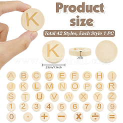42個 42スタイルの木製彫刻フラットラウンドチップ  文字と数字  混合図形  29x7mm  1個/スタイル&nbsp;WOOD-PH0003-88