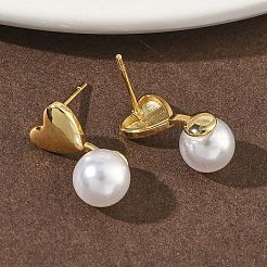 ハート型真鍮プラスチックパールダングルスタッドピアス  ラックめっき  長持ちメッキ  カドミウムフリー＆鉛フリー  18KGP本金メッキ  16.5x8mm&nbsp;EJEW-G452-11G
