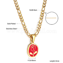 304 Stainless Steel Enamel Red Oval with Rose Flower Pendant Necklaces for Women&nbsp;WG6ED6B-02