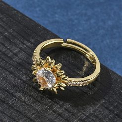 Flower Brass with Clear Cubic Zirconia Finger Rings for Women&nbsp;RJEW-Z111-01G