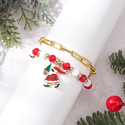 クリスマステーマの合金エナメルチャームブレスレットと鉄製ペーパークリップチェーンブレスレットセット2個、2スタイル  ガラスビーズ  サンタクロース  7-1/2~7-3/4インチ（19.1~19.6cm）&nbsp;BJEW-JB12443-04