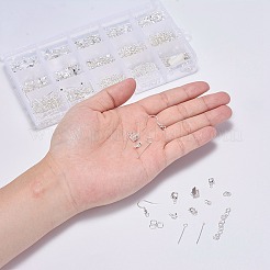 メタルジュエリーパーツキット  アイアンヘッド/アイピン付き  折りたたみ式カシメエンドパーツ  つぶし玉カバー/リボンエンド/ツイストチェーンエクステンション  合金製カニカン  真鍮チェーンとピアスフック  銀色のメッキ  6~22x1~7mm&nbsp;FIND-YW0001-05S