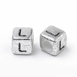 メッキアクリルビーズ  水平穴  文字付きのキューブ  アンティークシルバー  文字L  6mm  穴：3mm&nbsp;X1-PB43C9308-L