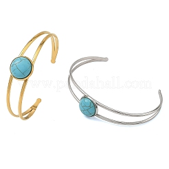 2Pcs 2 Colors Dyed Synthetic Turquoise Dome 304 Stainless Steel Hollow Open Cuff Bangle Sets&nbsp;BJEW-JB14400