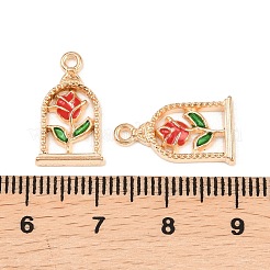 鳥かごの中のバラの合金エナメルペンダント  花のチャーム  レッド  ライトゴールド  17.5x10x2mm  穴：1.4mm&nbsp;PALLOY-A024-01KCG