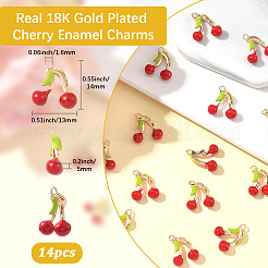 真鍮製チャーム14個  エナメル  チェリー  レッド  ニッケルフリー  18KGP本金メッキ  14x13x5mm  穴：1.6mm&nbsp;KK-BBC0017-50