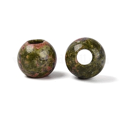 天然unakiteヨーロッパのビーズ  スムーズなラウンド  大穴ビーズ  13.5~14x12~13mm  穴：5mm&nbsp;G-Q602-09B-09