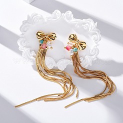 Brass Bowknot Tassel Stud Earrings&nbsp;EJEW-R014-14G