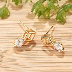 菱形とフラットラウンドい真鍮のマイクロパヴェキュービックジルコニアスタッドピアス（女性用）  カドミウムフリー＆鉛フリー  長持ちメッキ  ラックめっき  ゴールドカラー  透明  13.5x7mm&nbsp;EJEW-G428-20G-02