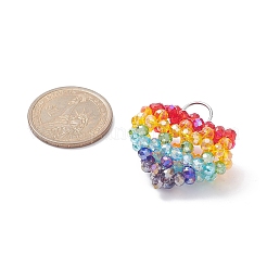 ガラスビーズのハートペンダント  ステンレス鋼線を巻いたパーツあり  カラフル  34x34x18.5mm  穴：8mm&nbsp;PALLOY-JF02093