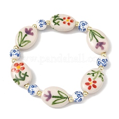 Handmade Printed Porcelain Floral Oval Beaded Stretch Bracelets&nbsp;BJEW-JB14181