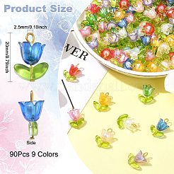 90色のアクリルランプワークペンダント9個  鉄パーツ  花  ゴールドカラー  ミックスカラー  20mm  穴：2.5mm  90個/セット&nbsp;PALLOY-CJ00048