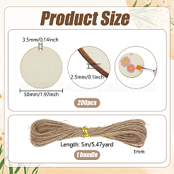 未完成の木製ペンダント200個  フラットラウンド  1束ジュートより糸付き  ベージュ  50x2.5mm  穴：3.5mm&nbsp;WOOD-PH0003-79