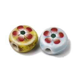 フラットラウンドい手作りの花柄磁器ビーズ  赤い五弁の花柄がプリントされたヴィンテージセラミックビーズ  ミックスカラー  11~12x7mm&nbsp;PR-CBA03B0-02