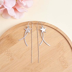 変色防止ロジウムメッキ スターリングシルバー スター チェーン タッセル ダングル イヤリング  女性用ロングドロップアメリカンチェーンピアス  プラチナ  925mm  ピン：75x14.5mm&nbsp;JE1043A