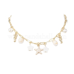 Alloy Enamel Starfish Sea Horse & Natural Shell Pendant Brass Paperclip Chain Necklaces for Women&nbsp;NJEW-JN05405-03