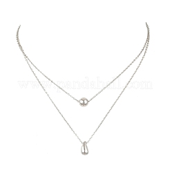 304 Stainless Steel Round Teardrop Pendant Cable Chain Double Layer Necklaces for Women&nbsp;NJEW-B083-03P