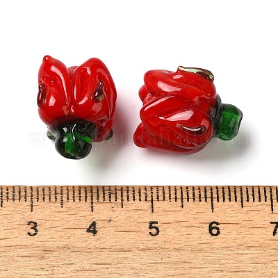 手作りランプワークビーズ  花  レッド  16x14~15mm  穴：1.2mm&nbsp;LAMP-B025-02A-05-1