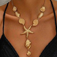 Ocean Iron Conch Shell Starfish Shape Pendant Y Necklaces for Vacation Beach Travel Jewelry, Golden, 17.72 inch(45cm)