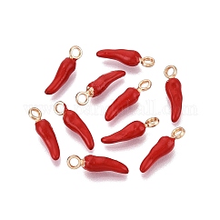 Handmade Alloy Enamel Pendants, Horn of Plenty/Italian Horn Cornicello Charms, Golden, Crimson, 17.5x4.5~5x4.5mm, Hole: 2.2mm