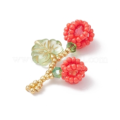 ガラスシードビーズのベリーと葉のペンダント  ガラスとアクリルで  レッド  35x22x10mm  穴：2mm&nbsp;PALLOY-MZ01114-01