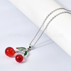 Brass Enamel & Resin Red Cherry Pendant 304 Stainless Steel Cable Chain Necklaces for Women&nbsp;NJEW-H092-01P