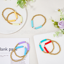 7Pcs 7 Color Polymer Clay Disc & Acrylic Heart & CCB Beaded Stretch Bracelets Set&nbsp;BJEW-FI0001-61