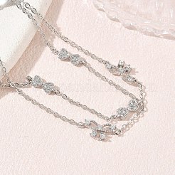 真鍮製マイクロパヴェクリアキュービックジルコニアリボンリンク2連ブレスレット  長持ちメッキ  ラックめっき  鉛フリー＆カドミウムフリー  プラチナ  6.69インチ（17cm）&nbsp;KK-CBA6980-19P