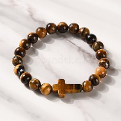 Natural & Synthetic Mixed Gemstone Cross & Round Beaded Stretch Bracelets&nbsp;BJEW-C119-01