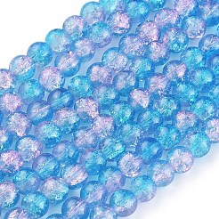1連ツートンの透明なクラックガラスラウンドビーズ連売り  ドジャーブルー  8mm  穴：1.3~1.6mm  約100個/連  31.4インチ&nbsp;X-CCG-Q001-8mm-19