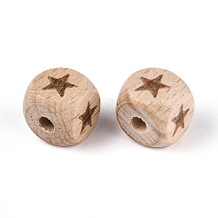刻まれたブナの木のビーズ  染色されていない  キューブ  スター  11.5~12x12~12.5x12~12.5mm  穴：3~4mm&nbsp;WOOD-N022-06A