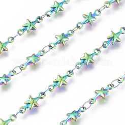 イオンプレーティング（IP）ハンドメイド304ステンレススチールリンクバーチェーン  ハンダ付け  スプールで  スター  虹色  10x4.5x2mm  約32.8フィート（10m）/ロール&nbsp;STAS-G038-19M