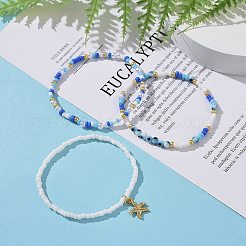 3 個 3 スタイルのガラスシード & ABS プラスチックパール & ナザールボンジュウビーズストレッチブレスレットセット  真鍮のヒトデ チャーム スタッカブル ブレスレット 女性用  ミックスカラー  内径：2インチ（5.2cm）  1個/スタイル&nbsp;BJEW-JB09358