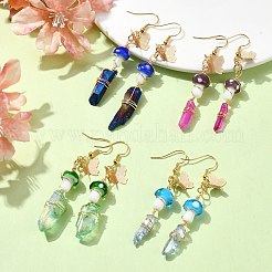 4 Pairs 4 Color Dyed Natural Quartz Crystal Nugget & Mushroom Lampwork Dangle Earrings&nbsp;EJEW-TA00335