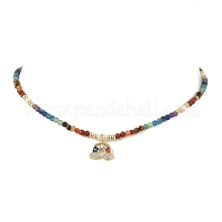 Chakra Brass Micro Pave Cubic Zirconia Colorful Rainbow Pendant Natural Pearl and Natural Mixed Stone Faceted Round Beaded Necklaces for Women&nbsp;NJEW-JN06243