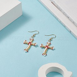 日本の種を編み込んだクロスダングルイヤリング  女性のためのゴールデンブラスジュエリー  レッド  52mm  ピン：0.7mm&nbsp;EJEW-MZ00040