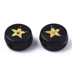 不透明なアクリルビーズ  スターとフラットラウンド  ブラック  黄金メッキ  7x4mm  穴：1.5mm&nbsp;X-PACR-N006-006A-02A