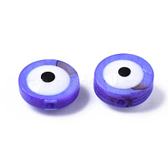 天然淡水シェルビーズ  エナメル  染め  ナザールボンジュウ付きフラットラウンド  モーブ  8x3~4mm  穴：0.8mm&nbsp;SHEL-S278-001B