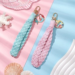 2個2色の手作り織りコットンペンダント装飾  携帯電話、バックパック、キーチェーンの装飾品用の回転留め金と合金エナメルのマーメイドチャーム  ミックスカラー  167mm  1pc /カラー&nbsp;HJEW-JM02796