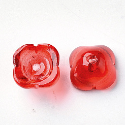 4花びら透明スプレー塗装ガラスビーズキャップ  花  レッド  11.5x11.5x7mm  穴：1.6mm&nbsp;X-GGLA-S054-009A-03