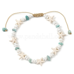 Ocean Natural Amazonite Chip & Starfish Synthetic Turquoise & Glass Seed Beaded Braided Anklets for Women&nbsp;AJEW-AN00805
