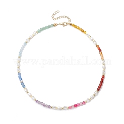 Electroplated Glass & Cultured Freshwater Pearl & Natural Mixed Stone Faceted Round Beaded Chakra Necklaces for Women&nbsp;NJEW-JN05248