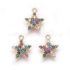 真鍮キュービックジルコニアチャーム  スター  カラフル  ゴールドカラー  13x11x2mm  穴：1mm&nbsp;KK-O119-17G