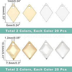 80個4スタイル真鍮チャーム  長持ちメッキ  菱形  ゴールデン＆シルバー  9~10.5x6~7.5x0.2~1.5mm  穴：1~1.2mm  20個/スタイル&nbsp;KK-FH0003-80