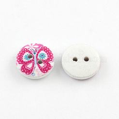2  - 正孔花柄プリントの木製ボタン  フラットラウンド  ミックスカラー  15x4mm  穴：2mm&nbsp;BUTT-R033-021