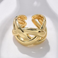 真鍮製カフ指輪  カドミウムフリー＆鉛フリー  クロスリングを縦横に  18KGP本金メッキ  14.5mm  内径: 調節可能&nbsp;RJEW-C120-14G