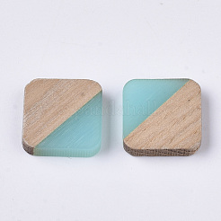 樹脂とクルミの木のカボション  正方形  淡いターコイズ  13.5x13.5x3mm&nbsp;RESI-S358-A-90H