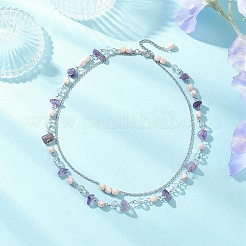 2Pcs 2 Styles Natural Amethyst Chip & Glass & 304 Stainless Steel Handmade Link Chain Double Layer Necklaces for Women&nbsp;NJEW-JN05363