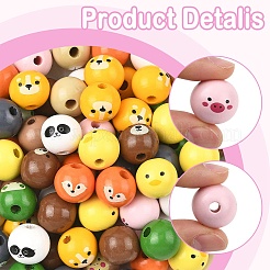 100Pcs 10 Styles Animal Themes Printed Wood European Beads&nbsp;WOOD-YW0001-87